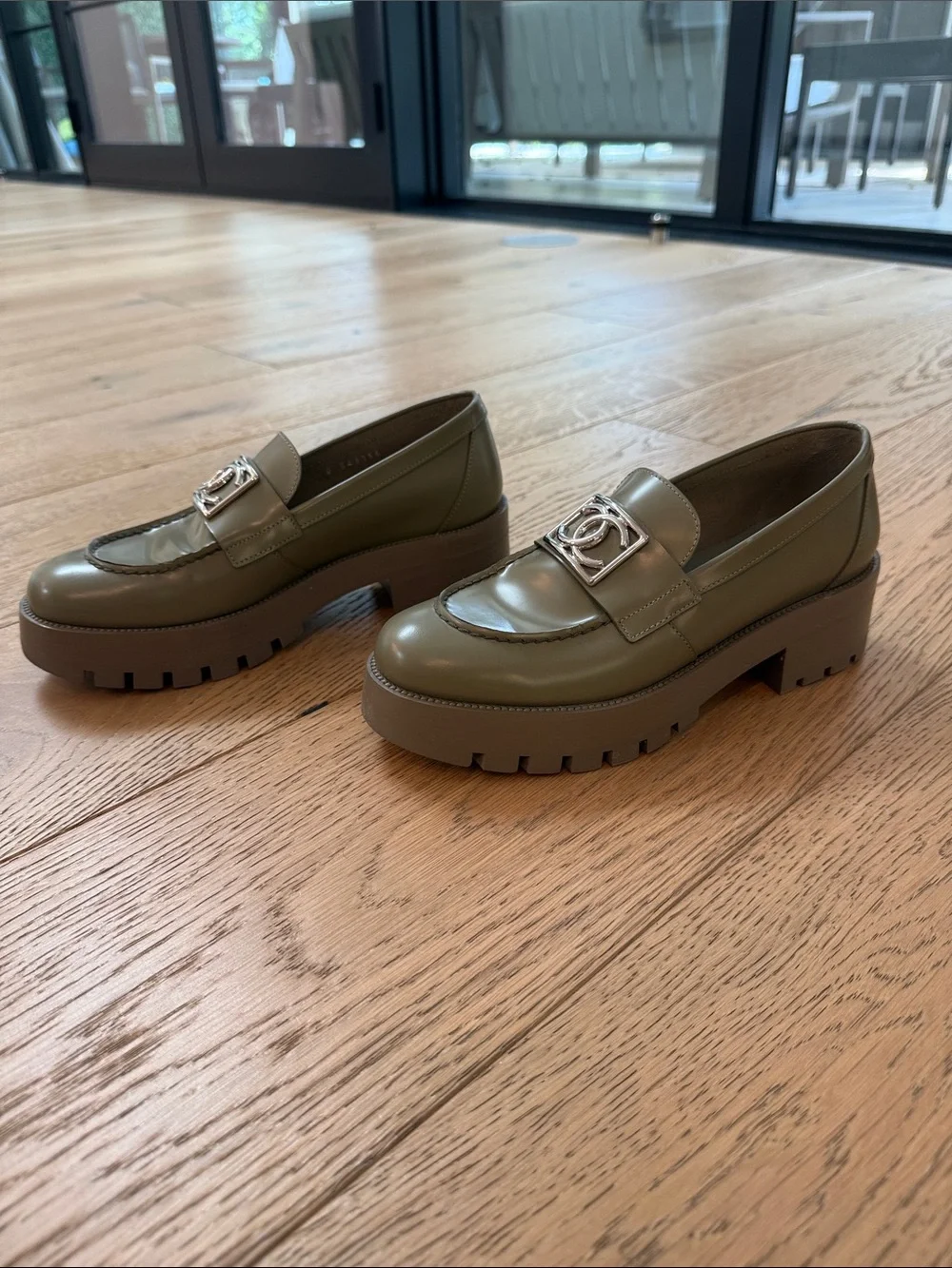 Chanel Khaki Green Leather Lug Sole Loafers